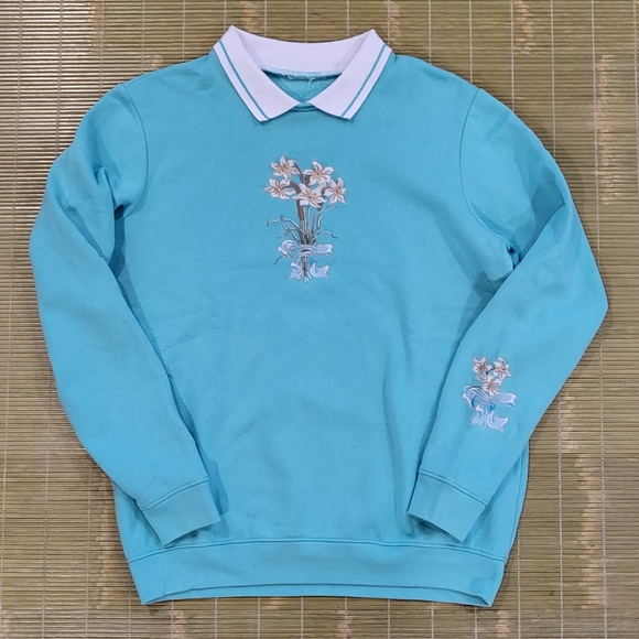 Vintage Embroidered Collared Long Sleeve Pullover Tiffany Blue - Picture 2 of 8